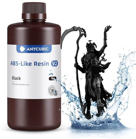 ANYCUBIC Wasser Waschbares ABS-Like Resin V2, 3D Drucker Resin Geruchsarm, Hohe Härte und Haltbarkeit, Hochpräzises 405nm UV-härtendes Harz für 4/6/8K LCD/DLP 3D-Drucker, Schwarz 1000g
