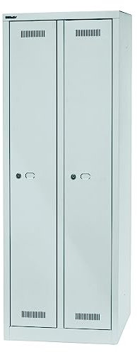 BISLEY Garderobenschrank MonoBloc abschließbar mit Belüftungsschlitzen, Hutboden, Handtuchhalter, Kleiderstange & 3 Haken - Spind mit Schloss - 2 Abteile, Farbe: lichtgrau
