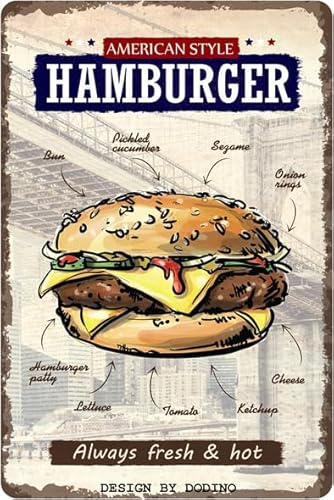 DODINO 20x30cm retro blechschilder HAMBURGER, Retro Deko für den Grillplatz, grillen, BBQ Grill Schild vintage deko