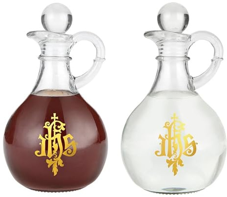 Needzo IHS Glass Cruet Set, Religious Bottle Dispensers, Catholic Church Supplies, 6.5 Inches (2 Included)