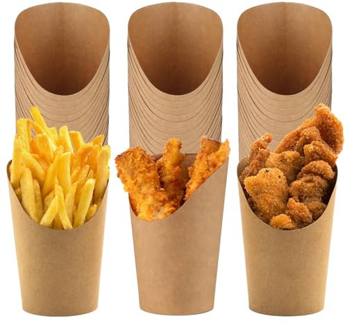 GUOYIHUA 60 Stück Kraftpapier Becher, 12oz Waffelbecher, Pommes Papier Tüten, Popcorn Tüten, Snack Pappbecher mit SchräGem Mund, für Waffeln, Chips, Popcorn, Eiscreme, Obstspieße