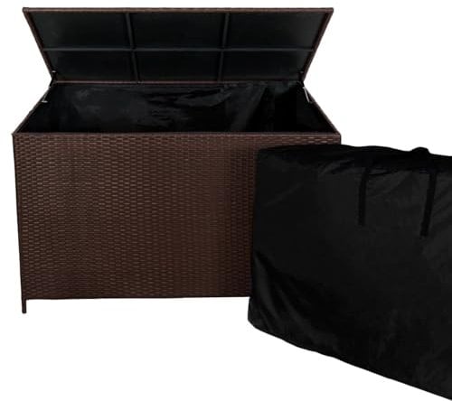 Rattan Garden Storage Brown Box & Waterproof Carry Bag Large Cushion Blanket Tools Toys Furniture Chest 582L Outdoor Patio Deck Steel Frame UV & Weather Resistant Gas Assisted Lift Lid Portable Wheels