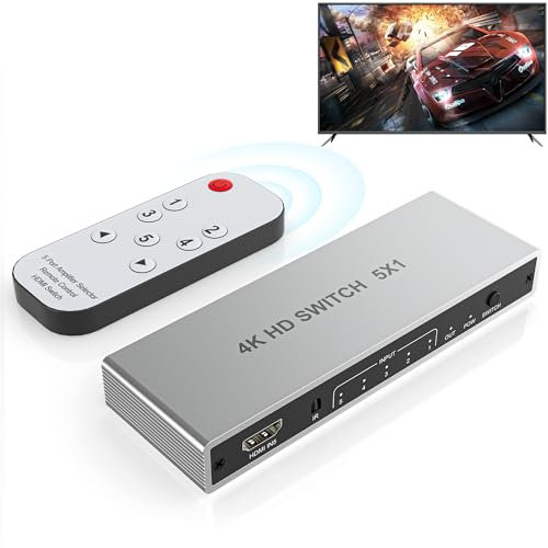 4K HDMI Switch 5 in 1 Ausgang, 4K@60Hz HDMI Splitter mit Fernbedienung, 5 Port HDMI Umschalter Selektor unterstützt 3D HDR CEC HDCP2.2, kompatibel mit PS 5/4/3, Xbox Switch, Roku TV, Fire Stick