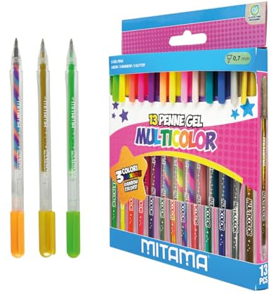 Mitama Gelschreiber mit Glitter, Fluo und Regenbogen, 13-teiliges Etui: 5 Glitzer-Farben, 5 Neonfarben und 3 Regenbogenfarben, Spitze 1 mm, mit fließender Gel-Tinte