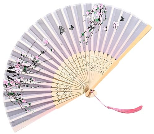 Folding Hand Fan, Silk Handheld Folding Fan Chinese Handheld Fan with Tassel Bamboo Fan for Women, Men Handheld Fan Festival Gift Fan for Wedding, Dance Play, Cosplay, Home Decoration (White-Pink)