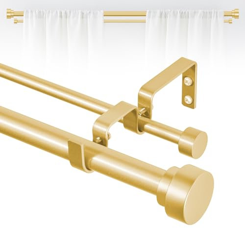TANGWIN Barra doble para cortinas de hierro latón dorado, extensible de 167 a 305 cm, diámetro 2,5 cm, resistente y decorativa, para salón o dormitorio, diseño moderno, fácil de instalar