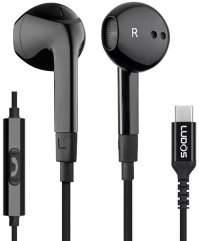 Ludos FEROX USB C Headphones, 5 Years Warranty, USB-C Earbuds for iPhone 16 15 Pro Max Plus Samsung Galaxy S24 S23 Ultra S22 S21 FE S20 Z Flip 3 Fold 4 A53 A54, USB Type C Earphones for iPad Pro