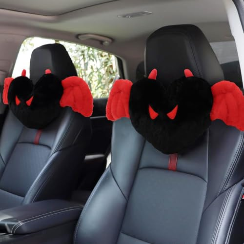 Sexysamba 2 Pcs Heart Shaped Car Headrest Pillow Devil & Angel Wings Neck Pillow Cute Car Seat Decor Neck Support Cushions for Travel Sleeping, Driving, Home, Office, Black Devil