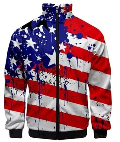 kewing Vintage USA Flagge Muster Männer Baseball-Jacke Amerikanische Flagge 3D gedruckt Reißverschluss Bomberjacken Lässige Stehkragen Streetwear Mäntel Leichtes Sweatshirt mit Taschen