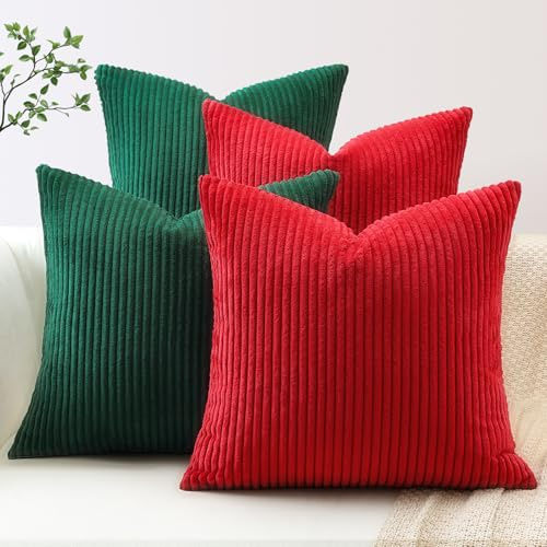 JOTOM 4er Set Cord Kissenbezüge Kissenhülle Dekorative Zierkissen Couchkissen Sofakissen Dekokissen Kordsamt Kissenbezug Deko Kissenhülle für Sofa Wohnzimmer (45x45cm, Rot Grün)