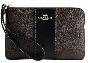 COACH - Corner Zip Wristlet in Signature Canvas with Stripe Gold/Walnut/Black