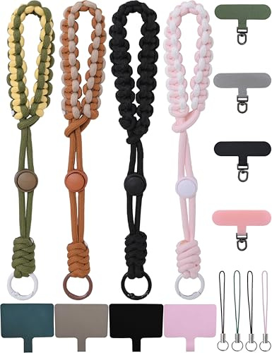 LSHYSMA Wrist Strap Lanyard for Phone,4 Pack Adjustable Braided Anti Theft Phone Strap,With Rotatable Metal and Flannels Patch and 4 Tether Tab,Hand strap for Mobile phone,camera,Walking stick,USB,Key