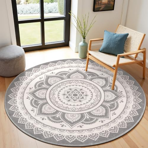 SHACOS Teppich Rund 200cm, Runder Teppich Waschbar rutschfest, Boho Teppiche Wohnzimmer Rund Flauschig, Weich Kurzflor Runder Teppiche für Schlafzimmer, Wohnzimmer, Grau