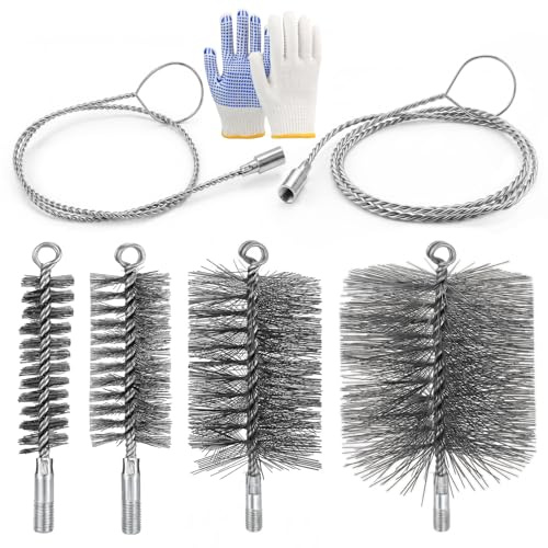 7 Stück Ofenrohrbürste Set, 30/50/80/150 mm Schornsteinfeger Bürste Set mit 1m/2m Stahlseil und Handschuhe, Kaminbesen für die Reinigung von Schornsteinen, Kaminen Ofenrohren