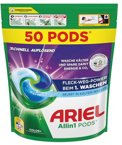Ariel Allin1 PODS®, Flüssigwaschmittelkapseln 50 Wäschen, Color+, Fleck-Weg-Power ab der 1. Wäsche, selbst in kaltem Wasser