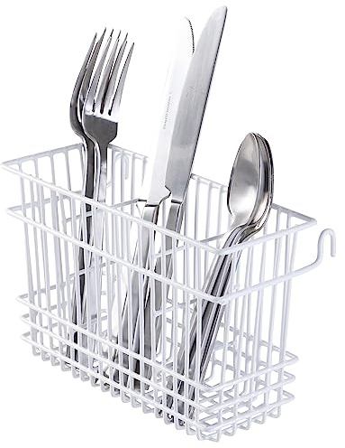 Kitchen Details Cutlery Basket | Hanging | Attach to Standard Dish Drying Rack | Utensil Caddy | Vinyl Coated | 3 Compartment | White