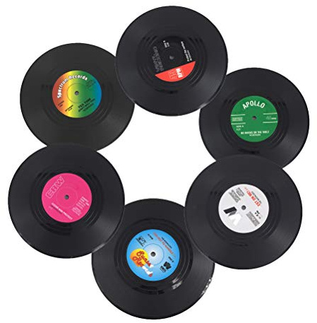 Cluos Schallplatten-Untersetzer für Getränke, bunte Retro-Vinyl-Scheiben-Untersetzer mit lustigen Etiketten, verhindern Möbel vor Schmutz und Kratzern (6 Stück)