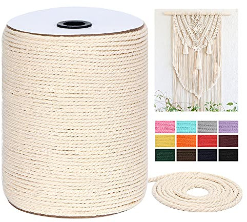 Cordon macramé 4 mm x 122 m, corde en coton naturel macramé – 3 brins torsadés en macramé pour accrocher au mur, cintres pour plantes, travaux manuels, emballages cadeaux et décorations de mariage