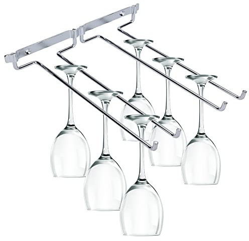 Jenngaoo Porte-Verres à Pied Suspendu, Support Verre à Vin Chromé à Deux Rangées de Support Mural pour Verres à Pied Sous Étagère Rangement pour la Maison et le Bar (Argent)