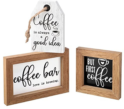 3 Pieces Coffee Bar Decor Sign But First Coffee Wood Sign Mini Farmhouse Wall Rustic Wooden Art Plaque Bar Tabletop Shelf Accessories for Tier Tray Decor Home Office Kitchen