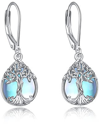 Sterling Silver Teardrop Dangle Earrings Leverback Tree of Life Moonstone Earring Jewellery Gifts for Women