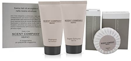 PRESENT-MORE - Hotel Gäste Set 30 Gäste Scent Company Milano | Königlicher Bernstein-Duft - Shampoo, Duschgel, Seife, Haube und Vanity - Made in Italy - Für Hotel und B&B