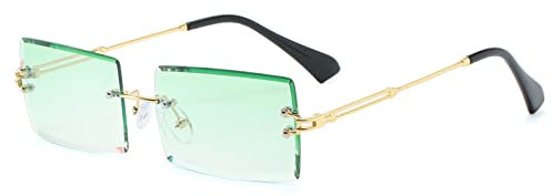 YUELUQU Retro Rahmenlose Sonnenbrille für Damen Herren Mode Retro Rechteck Brille Quadratische durchsichtige Sonnenbrille (A-Gold/grün)