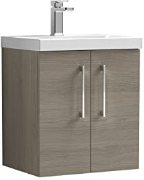 nuie ARN2521D Arno Modern Bathroom Wall Hung 2 Door Vanity Unit with Thin-Edge Ceramic Basin, 500mm, Woodgrain Solace Oak