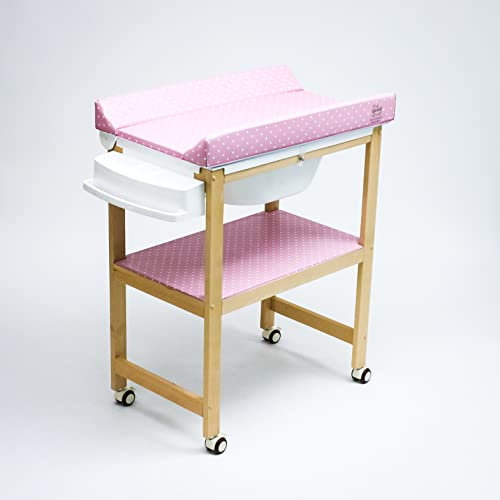 PLASTIMYR - Mueble Bañera Cambiador Bebe | Madera Sostenible | Ruedas para Movilidad | Colchoneta Rosa con Topos | Incluye Cestas y Manguera Desagüe, Rosa, Plástico, 80x48,5x100 cm