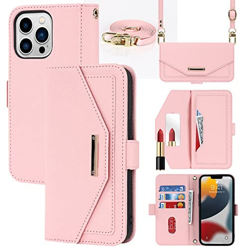 Cavor Case compatible with iPhone 13 Pro Phone Case With Strap,Crossbody Flip Leather Wallet Case,[5 Card Holder][Mirror][Magnetic],Lanyard Case Cover for women - Pink