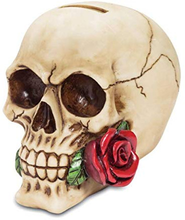 Isideco Spardose Totenkopf hat eine Rose im Mund 12cm