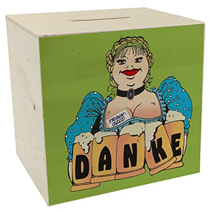 Bierzeltbedienung mit Maßkrügen Danke Spardose aus Holz in grün für Trinkgeld mit Danksagung an den Spender der eine Münze in die Bierkasse wirft um Trinkgeld für Barkeeper zu