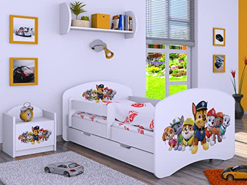 BDW Kinderbett Super Hunde - Babybett mit Matratze und Schublade - Bequem und Langlebig Rausfallschutz Bett - Kinderzimmer - Weiß (Motiv 3) - 190x90