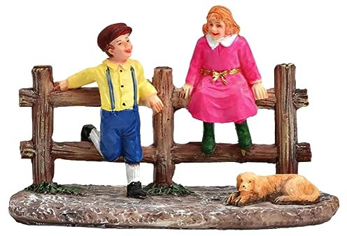 Holzzaun mit spielenden Kindern und Hund - Lichthaus Winterwelt - Miniaturfiguren Miniatur-Modell für ihre Miniaturwelt Weihnachtsdorf Weihnachtsdekoration Sammlerobjekt