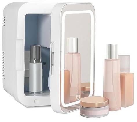 eklipt - Mini Fridge with Dimmable LED Mirror (4 Liter/6 Can), AC/DC Portable Beauty Fridge, for Refrigerating Makeup, Skincare and Food, Bedroom, Office and Car, White
