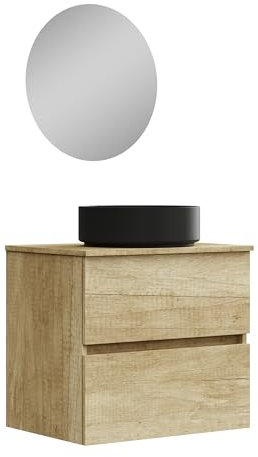 Baikal Meuble de Salle de Bain Onyx Black, 2 tiroirs, Suspendu au Mur, avec lavabo en céramique Noir Mat, mélamine 16 mm. Meuble monté. Lavabo Rond/avec Miroir 70 cm Nature