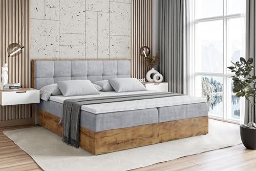 ALTDECOR Boxspringbett mit Matratze und Lattenrost, Topper, Fußteil,Polsterbett mit Bettkasten, Bett mit Stauraum H3-Matratze, Doppelbett, Boxbett - LOLLI7-200x200 - Grau Monolith
