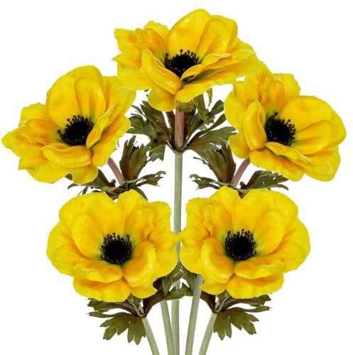 Briful 5er Set Künstliche Anemonen Kunstblumen Wie Echt Kunstzweige Gelbe Frühlingsblumen, Länge 53 cm, Dekoblumen für Blumengesteck Home Resto Büro Dekoration