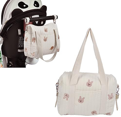 Hapivida Tragbare Baby Wickeltasche, Stickerei Mama Tasche, Windel Umhängetasche mit Reißverschluss, 26x29x12cm mit Kinderwagengurten zum Windelwechseln für Papa Unterwegs(Hase)