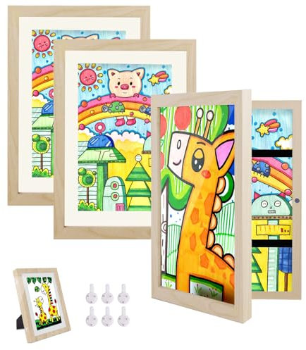Hipsignal Kinder Bilderrahmen, 3 Stück A4 Befüllba Bilderrahmen für Kinder mit Frontöffnung zum Aufhängen oder Aufstellen von Kinderzeichnungen (Holz)