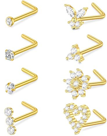 FECTAS 18g Gold Nose Stud Ring Edelstahl Nose Studs Diamond CZ Heart L Shape Nose Rings for Women Nostril Piercing Jewellery