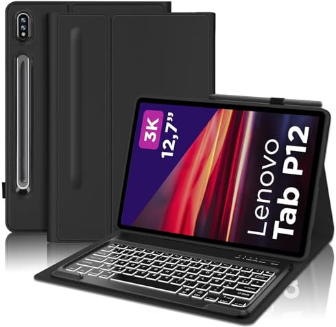 JADEMALL Clavier pour Lenovo Tab P12 12.7 2023, AZERTY Français Clavier Bluetooth Rétroéclairé Magnétique Détachable pour Lenovo Tablet P12 12.7 TB370FU, Noir
