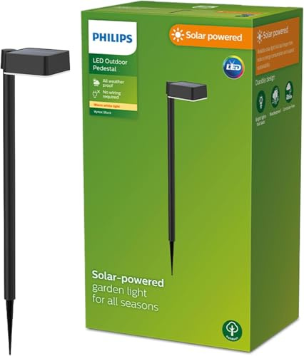 PHILIPS Outdoor Solar Vynce Sockelleuchte Spiess 1,5W, Tageslichtsensor, eckig, 2700 Kelvin, IP44 wetterfest, schwarz