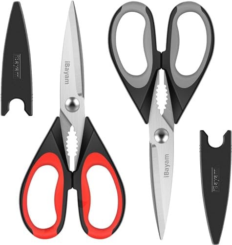 iBayam Kitchen Shears, 2-Pack Kitchen Scissors Heavy Duty Meat Scissors, Dishwasher Safe Cooking Scissors, Multipurpose Stainless Steel Sharp Utility Food Scissors for Chicken (Red,Black,Grey),(02)