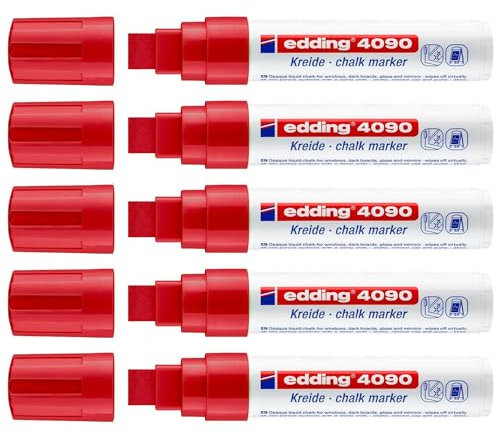Edding Set mit 5 flüssigen Kreidemarkern 4090, Glas, Fenster, Schiefer, Rot, abgeschrägte Spitze, 4 – 15 mm
