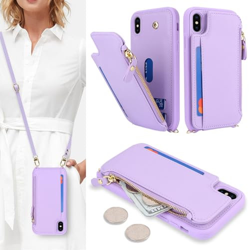 SailorTech for iPhone X Phone Case with Credit Card Holder for Women, iPhone XS Leather Case Wallet Crossbody with Credit Card Slots Zipper Shockproof Case for Men - Purple