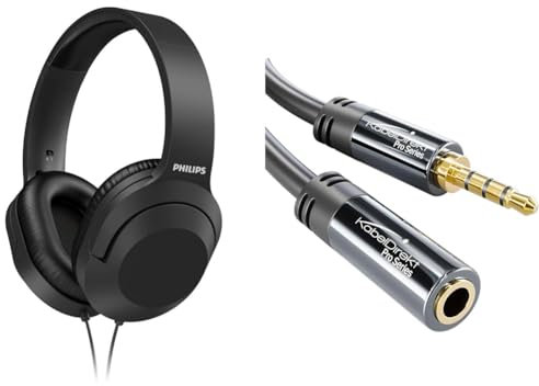Philips Audio Casque Stéréo Filaire Circum-Aural Noir - Modèle 2020/2021 TAH2005BK/00 & KabelDirekt – 3m Câble d'extension Casque Micro Pro Series