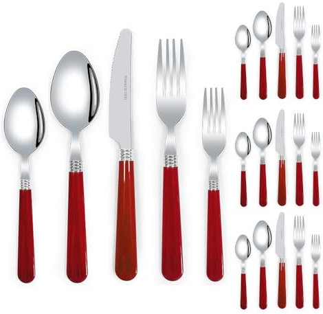 Royal Shang Youpin Thickened Plastic Handle Kitchen Stainless Steel Silverware Tableware Flatware Cutlery Set Steak Knife Fork Spoon Teaspoon (Red,20 pieces)