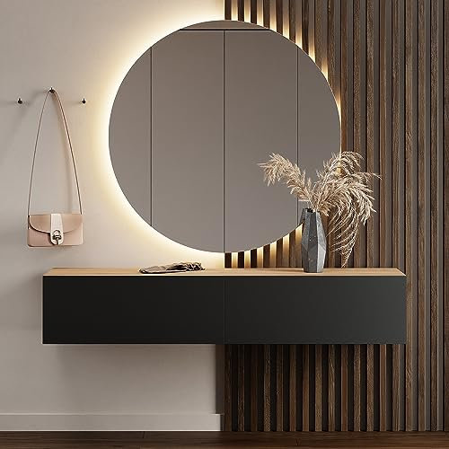 Planetmöbel Flurgarderobe 1x 160 cm inkl. Spiegel rund mit Beleuchtung 100 cm, Gold Eiche/Anthrazit, Flur Möbel mit Spiegel, 37,8T x 160B x 32,5H cm