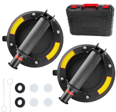 Goviox Ventosas para Cristal, 2 Piezas Ventosas para Azulejos, Ventosa de Vacío con Maleta, Ventosas Profesionales, para Transportar y Elevar Vidrio, Laminados, Mármol, Cargas 200Kg (2Pcs 8inch)